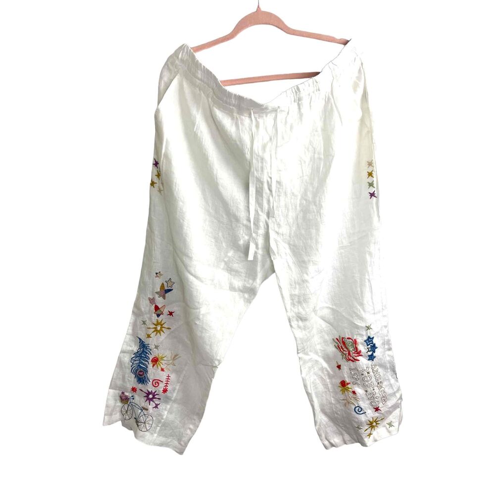 Johnny Was Biya Womens White‎ Linen Embroidered Drawstring Pants Size XL Summer